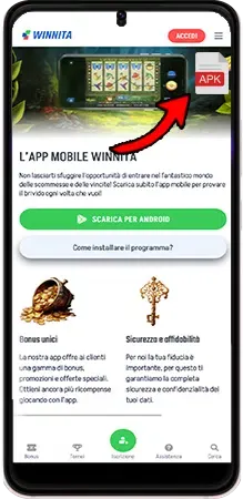 Schermata mobile con freccia rossa verso il pulsante di download APK