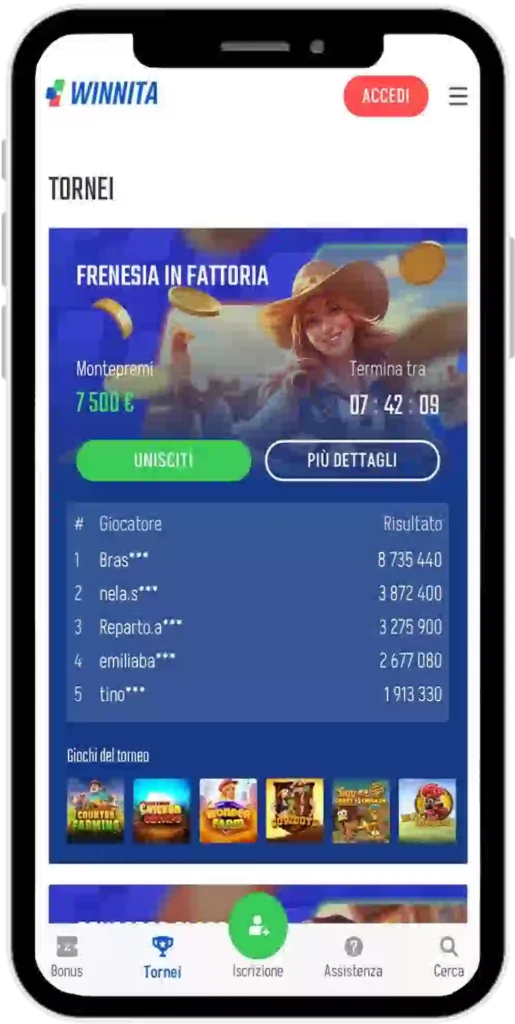 Schermata tornei app Winnita con classifica e pulsanti di partecipazione