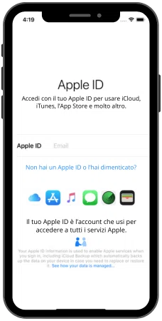 Schermata dell’iPhone che mostra il modulo di accesso con Apple ID per autorizzare l’installazione dell’app.