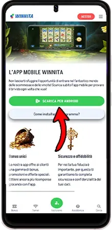 Schermata del sito Winnita con il pulsante verde “Scarica per Android”
