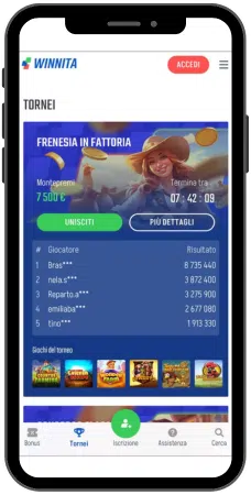 Schermata iniziale dell’app Winnita con la sezione tornei visibile dopo l’apertura.