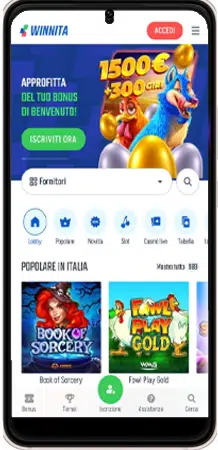 Homepage del sito ufficiale di Winnita con promozione di benvenuto visibile