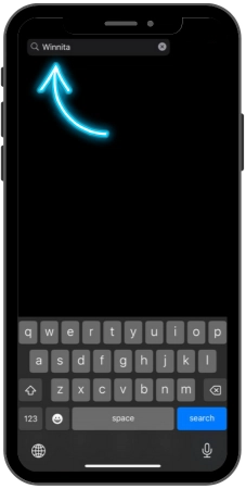 Schermata dell’iPhone con barra di ricerca dell’App Store e parola "Winnita" digitata, indicata da una freccia blu.