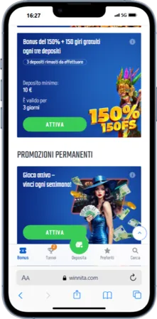 Pagina Bonus e Promozioni con offerta di benvenuto attivabile