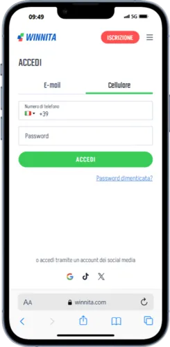 Inserisci la tua email o il numero di telefono nell’app Winnita Casino 